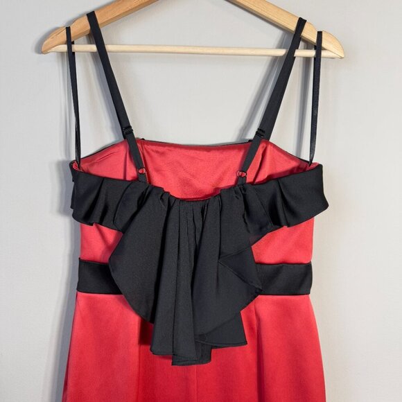 Vtg BCBG Paris Satin Ruffle Bodycon Mini Dress Women's 6 Red Black Cocktail Y2K - Picture 8 of 13